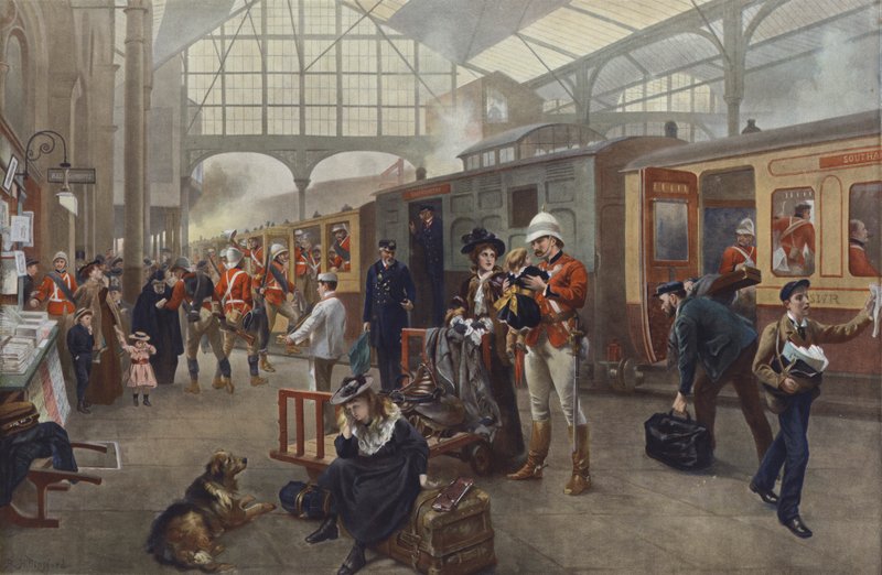 Farewell! Soldiers leaving for war.  by Robert Alexander Hillingford
