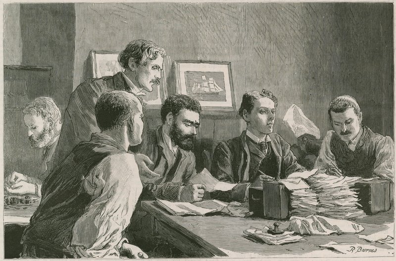 ಈಸ್ಟ್ ಎಂಡ್‌ನಲ್ಲಿ ಡಾಕ್ ಕಾರ್ಮಿಕರ ಮಹಾ ಮುಷ್ಕರ: ಸ್ಟ್ರೈಕರ್‌ಗಳ ಹೆಡ್ ಕ್ವಾರ್ಟರ್ಸ್ ಟರ್ಕಿಯ ವೇಡ್ ಆರ್ಮ್ಸ್, ಜೆರೆಮಿಯಾ ಸ್ಟ್ರೀಟ್, ಪೋಪ್ಲರ್‌ನಲ್ಲಿ ಹಣಕಾಸು ಸಮಿತಿಯು ಪರಿಹಾರ ಟಿಕೆಟ್‌ಗಳನ್ನು ನೀಡುತ್ತಿದೆ. by Robert Barnes