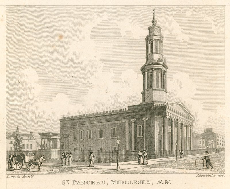 St Pancras Kilisesi, Londra, Middlesex; kuzey batı görünümü by Robert Blemell Schnebbelie