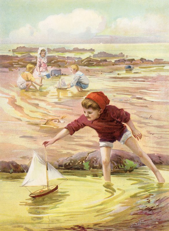 Yeni teknesi - sahilde oyuncak tekneyle oynayan çocuk (renkli taş) by Robert Lillie