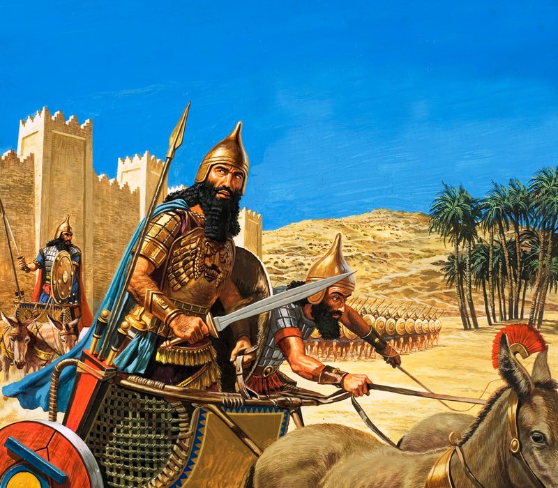 Kral Hammurabi savaşa gider, arabası özellikle sert bir cins eşek tarafından çekilir by Roger Payne