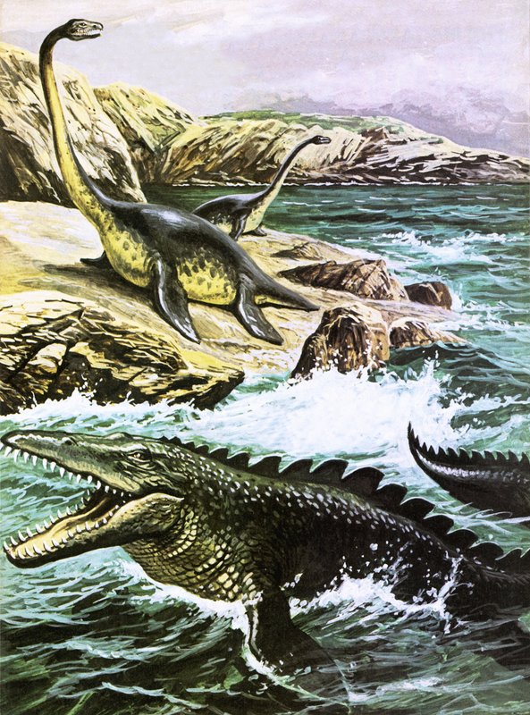 Plesiosaurus (üstte) ve Tylosaurus (altta) by Roger Payne