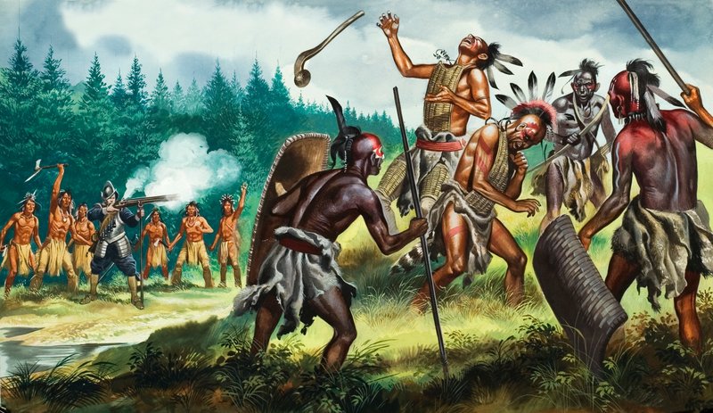 Iroquois Konfederasyonu ile savaşan İngiliz kolonileri, 20. yüzyıl (kağıt üzerine guaj) by Ron Embleton