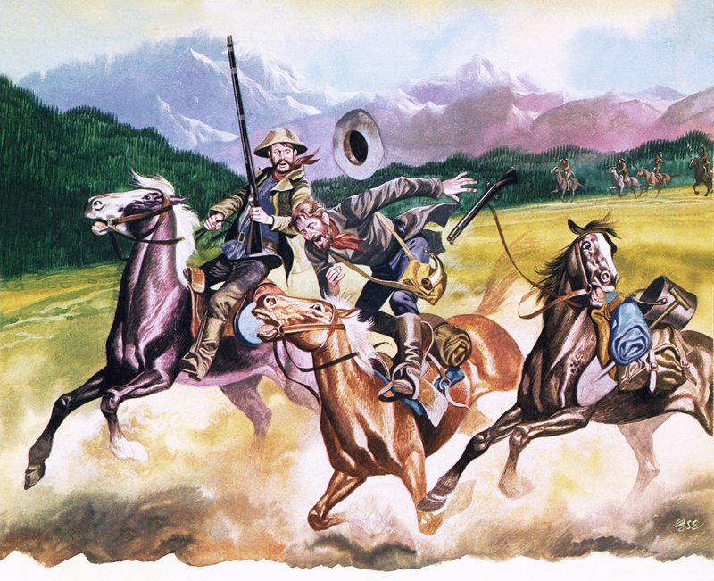 Servetlerini kazanamayan madencilere saldıran Kızılderililer by Ron Embleton