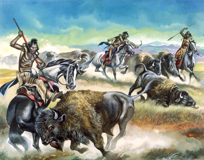 Amerikan Yerlilerinin Amerikan Bizonlarını Öldürmesi (kağıt üzerine guaj) by Ron Embleton