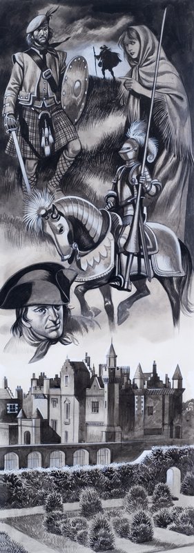 İskoç Kalesi ve İskoç tarihinden şahsiyetler (kağıt üzerine guaj) by Ron Embleton