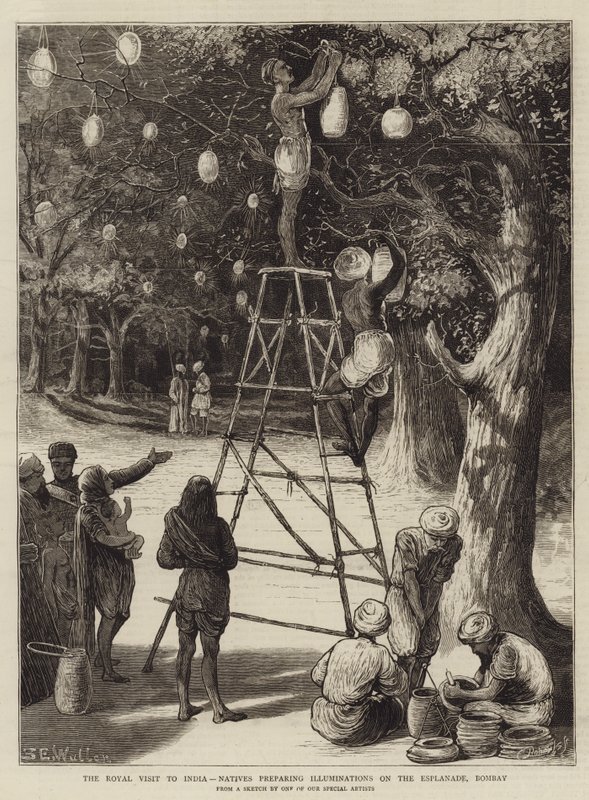 Hindistan'a Kraliyet Ziyareti, Yerliler Esplanade, Bombay'da Aydınlatmalar Hazırlıyor by Samuel Edmund Waller