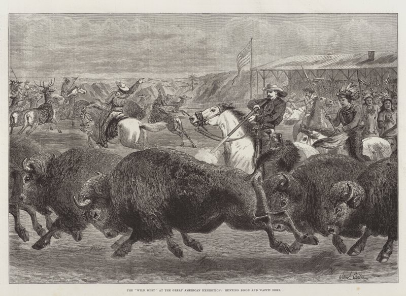 Vahşi Batı, Büyük Amerikan Sergisinde, Bizon ve Wapiti Geyiğini avlıyor by Samuel John Carter
