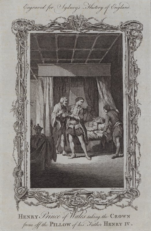 Galler Prensi Henry, babası IV. Henry'nin yastığından tacı alıyor (gravür) by Samuel (after) Wale