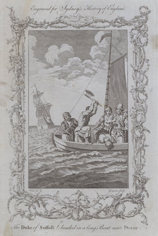 Suffolk Dükü, Dover yakınlarında uzun bir teknede başı kesildi (gravür) by Samuel (after) Wale