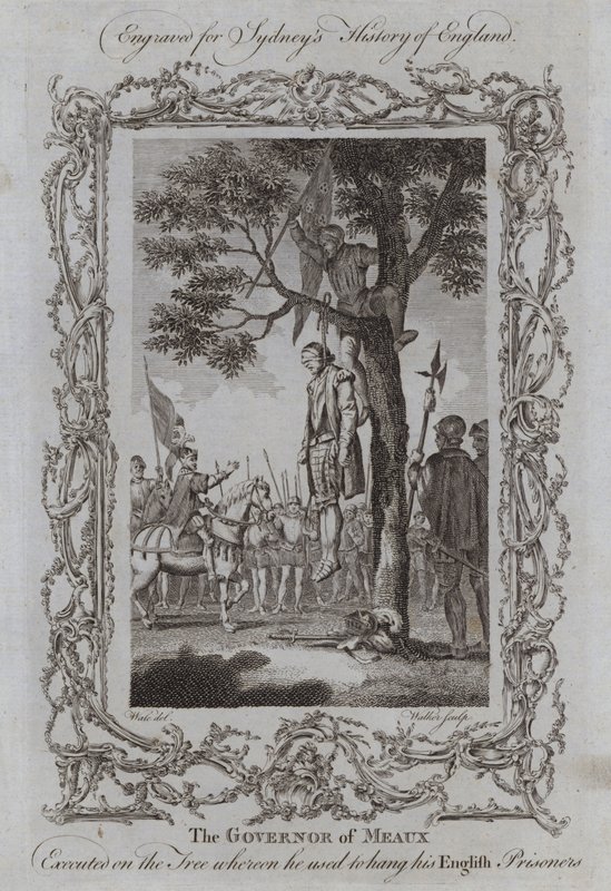 Meaux Valisi, İngiliz Tutsaklarını astığı ağaca idam edildi (gravür) by Samuel (after) Wale