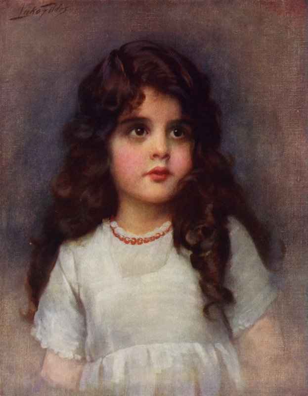 Kıvırcık Kilitler: uzun siyah kıvırcık saçlı güzel bir genç kızın portresi (renkli lito) by Samuel Luke (after) Fildes