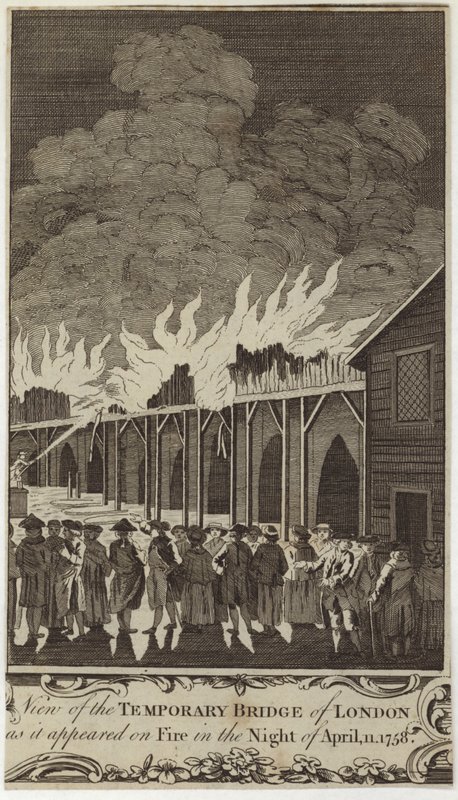 11 Nisan 1758 gecesi alevler içinde görünen geçici Londra köprüsünün görünümü by Samuel Wale