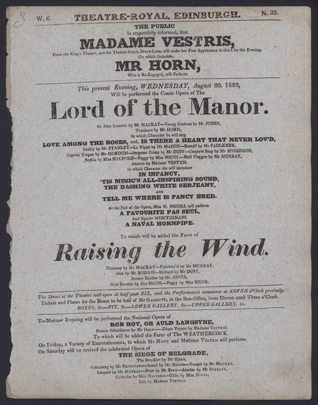 Theatre Royal için tiyatro programı, Edinburgh, 20 Ağustos 1823 (litho) by Scottish School