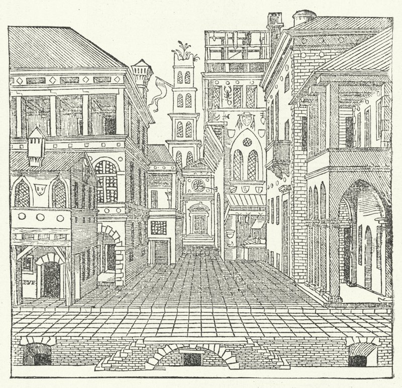 İtalyan Maniyerist mimar Sebastiano Serlio tarafından bir komedi için sahne tasarımı by Sebastiano Serlio