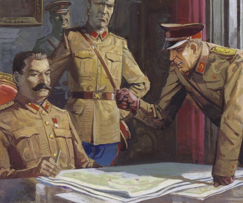 General Georgi Zhukov, Stalin ile askeri taktikler hakkında tartışırken by Severino Baraldi