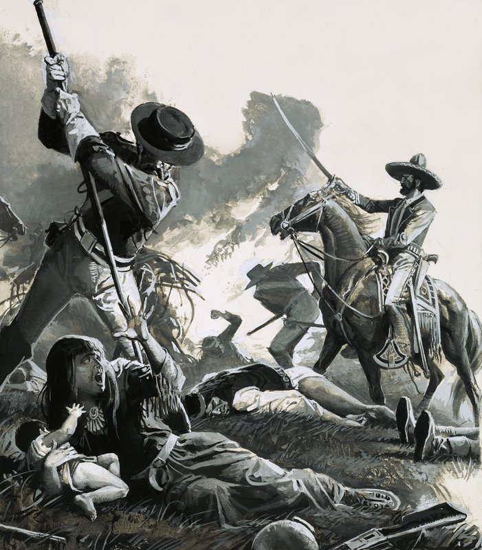 1858 yılında, iki Meksika süvari birliği Apaçilerin kampına saldırdı by Severino Baraldi