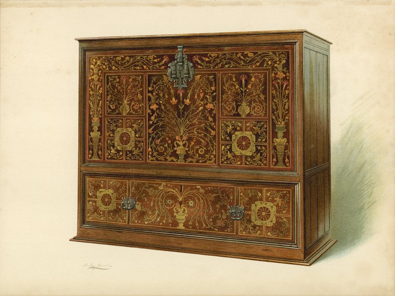 Cabinet Inlaid with Marqueterie, property of Sir George Donaldson (chromolitho) by Shirley Charles Llewellyn Slocombe