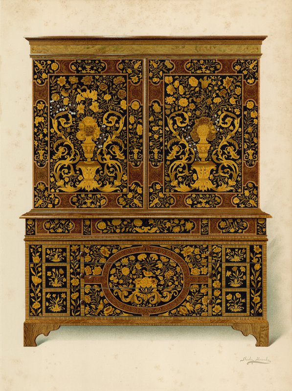 Cabinet Press Inlaid with Marqueterie, property of the Marquess of Exeter (chromolitho) by Shirley Charles Llewellyn Slocombe