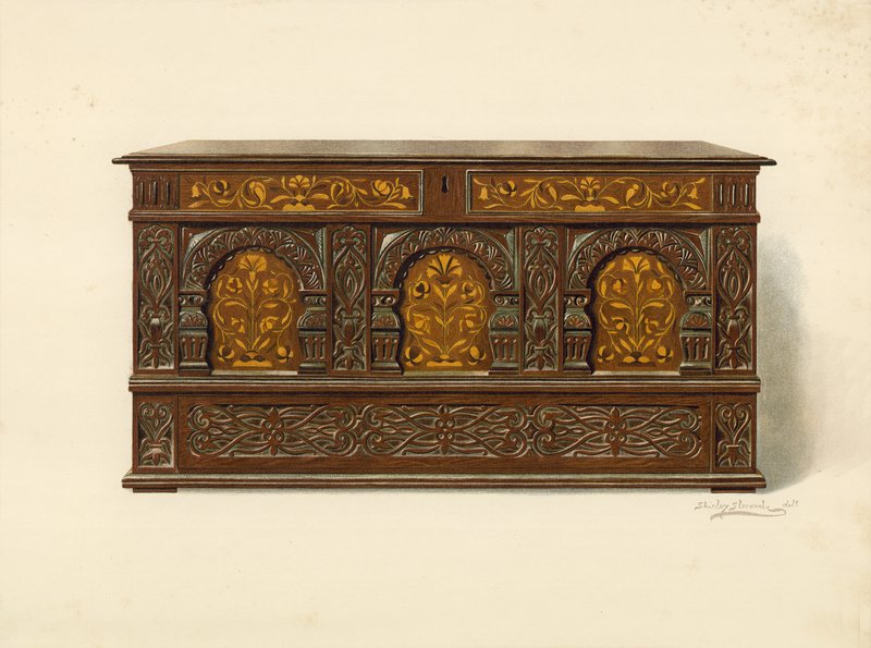 Oak Inlaid Chest, property of Arthur James (chromolitho) by Shirley Charles Llewellyn Slocombe