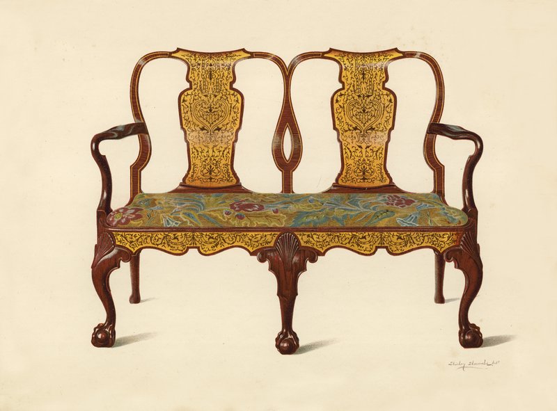 Walnut Settee Inlaid with Marqueterie, property of Percy Macquoid (chromolitho) by Shirley Charles Llewellyn Slocombe