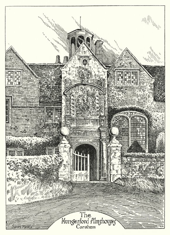 Hungerford Almshouses, Corsham (gravür) by Sidney Heath