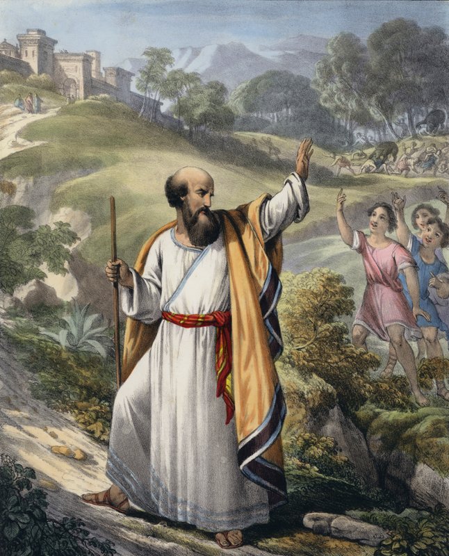 Elişa ile alay eden küçük çocuklar (renkli gravür) by Siegfried Detler Bendixen