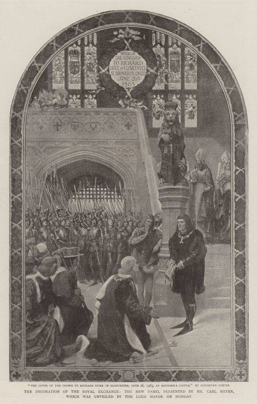 Bay Carl Meyer tarafından sunulan ve Pazartesi günü Lord Mayor tarafından açılışı yapılan Kraliyet Borsası Dekorasyonu, Yeni Panel by Sigismund Christian Hubert Goetze