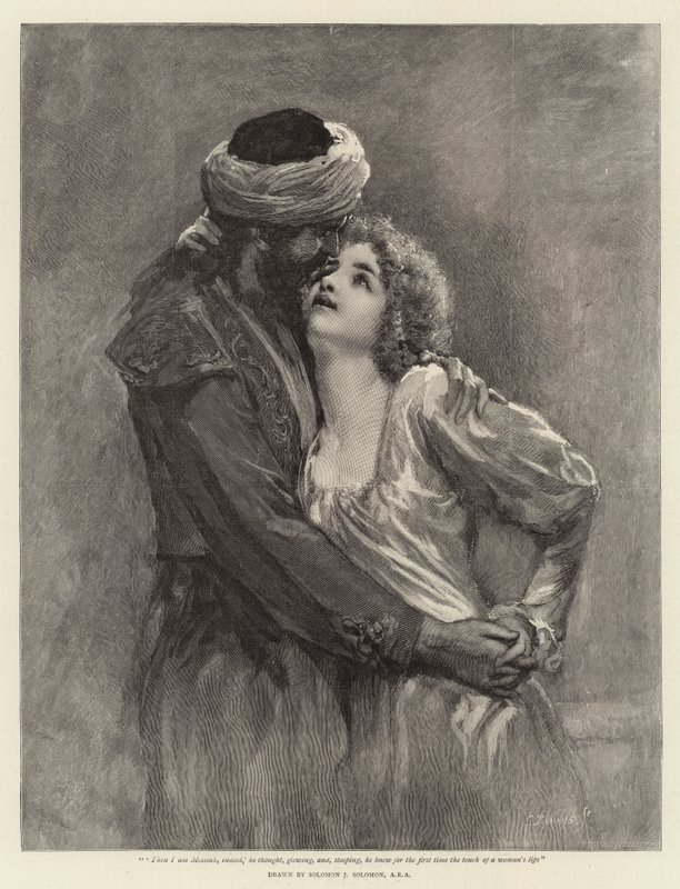 "Öyleyse ben gerçekten Mesih'im," diye düşündü parlayarak ve eğilerek, ilk kez bir kadının dudaklarının dokunuşunu biliyordu. by Solomon Joseph Solomon