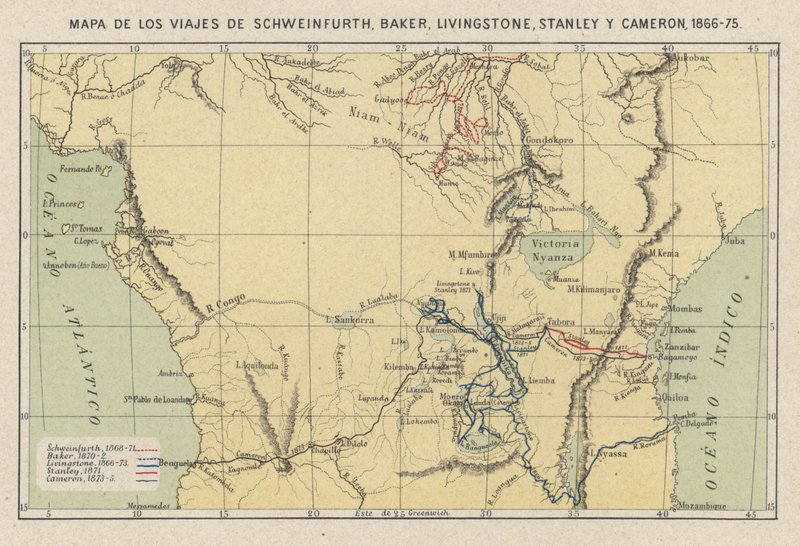 Kaşifler Georg August Schweinfurth, Samuel Baker, David Livingstone, Henry Morton Stanley ve Verney Lovett Cameron