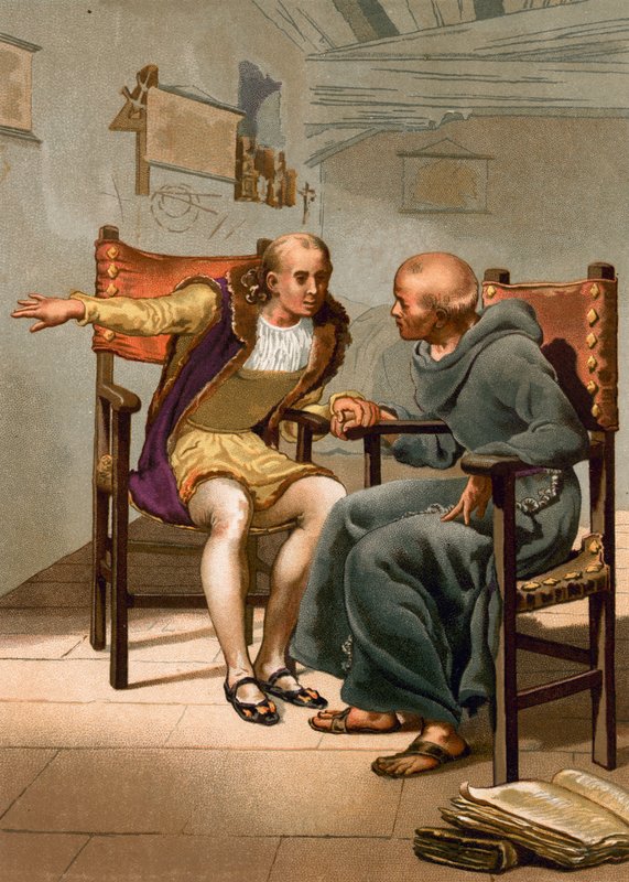 İlk yolculuğun dönüşünde Columbus ve P Marchena arasındaki toplantı by Spanish School