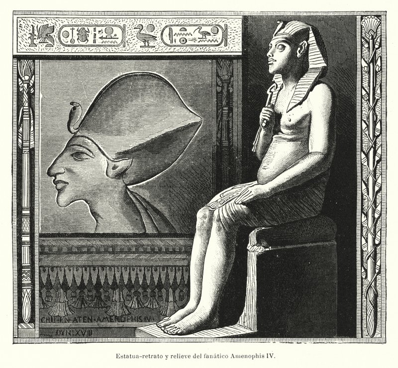 Eski Mısır Firavunu Akhenaten'in (Amenhotep IV) (lito) oturmuş heykeli ve kabartması by Spanish School