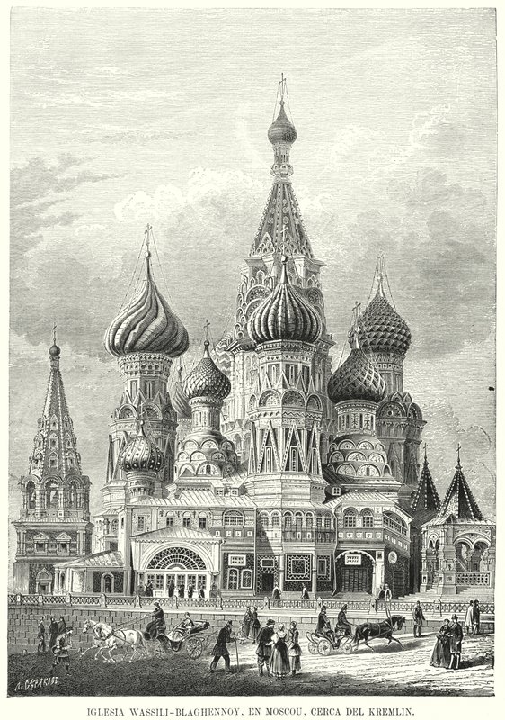 Aziz Basil Katedrali, Kızıl Meydan, Moskova, Rusya (litho) by Spanish School