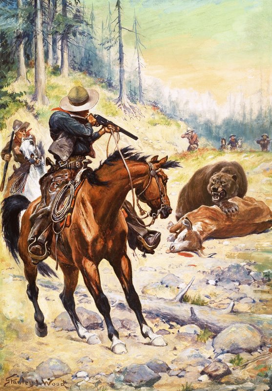Amerikan kovboyları bir ineğin gövdesine çömelmiş bir ayıyı çevreliyor by Stanley L. Wood