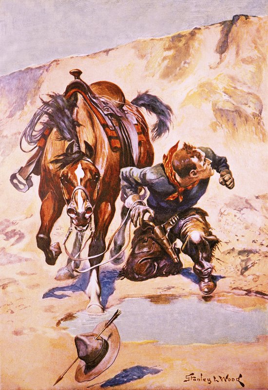 Kızılderililer tarafından takip edilen kovboy. by Stanley L. Wood