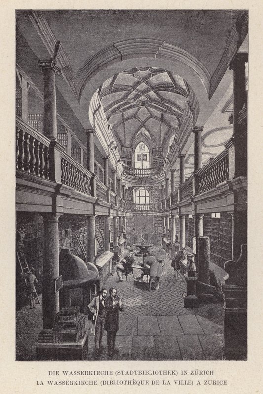 Wasserkirche, Şehir Kütüphanesi, Zürih, La Wasserkirche, Bibliotheque de la Ville, bir Zürih (gravür) by Swiss School