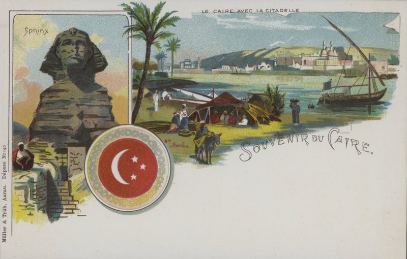 Mısır sahneleri: Kahire ve kalesi ve Sfenks (chromolitho) by Swiss School