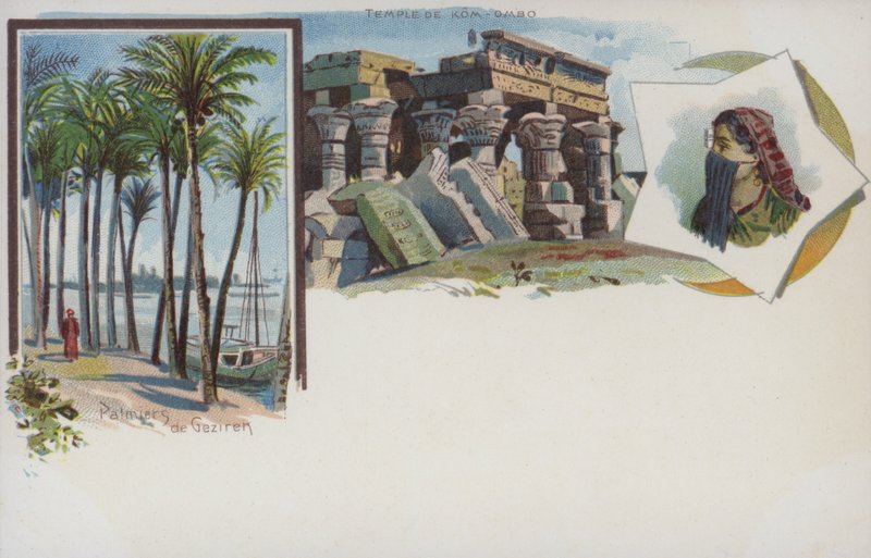 Mısır sahneleri: Gezira, Kahire'deki Nil kıyısındaki palmiye ağaçları ve Kom Ombo Tapınağı (chromolitho) by Swiss School