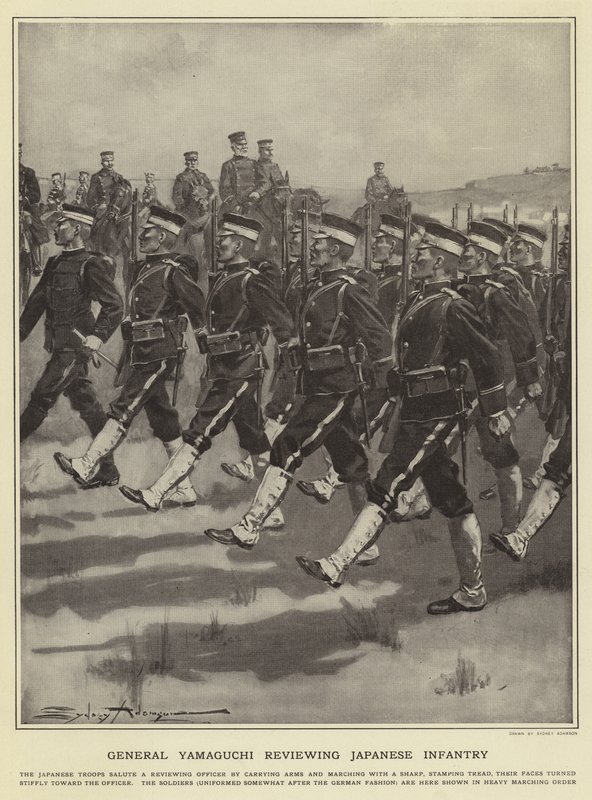 General Yamaguchi, Japon piyadelerini gözden geçiriyor by Sydney Adamson