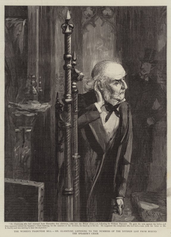 Bayan Franchise Yasası, Bay Gladstone, Konuşmacı Koltuğunun arkasından Bölüm Listesinin Numaralarını dinliyor (gravür) by Sydney Prior (after) Hall