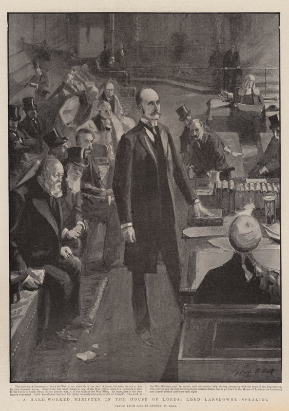A Hard-Worked Minister in the House of Lords, Lord Lansdowne speaking  by Sydney Prior Hall