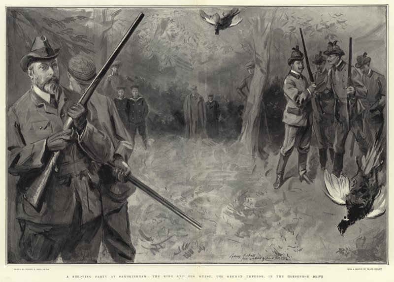 A Shooting Party at Sandringham, the King and his Guests, the German Emperor, in the Horseshoe Drive  by Sydney Prior Hall