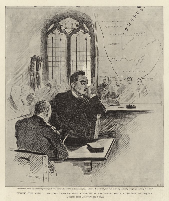 Müziğe bakan Bay Cecil Rhodes, Güney Afrika Soruşturma Komitesi tarafından muayene ediliyor by Sydney Prior Hall