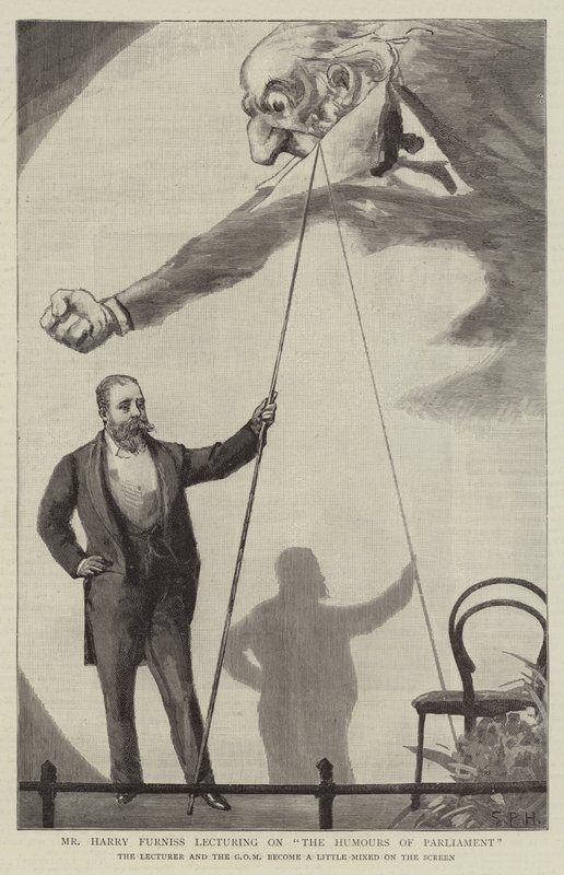 Bay Harry Furniss, Parlamentonun Mizahları üzerine ders veriyor by Sydney Prior Hall