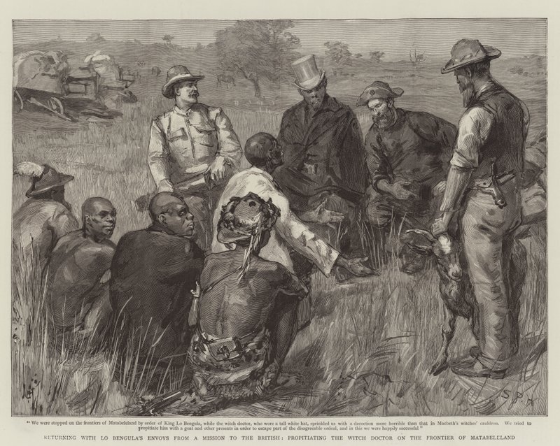 Lo Bengula'nın Elçileri ile bir Misyondan İngilizlere dönerek, Cadı Doktor'u Matabeleland Sınırında yatıştırmak by Sydney Prior Hall