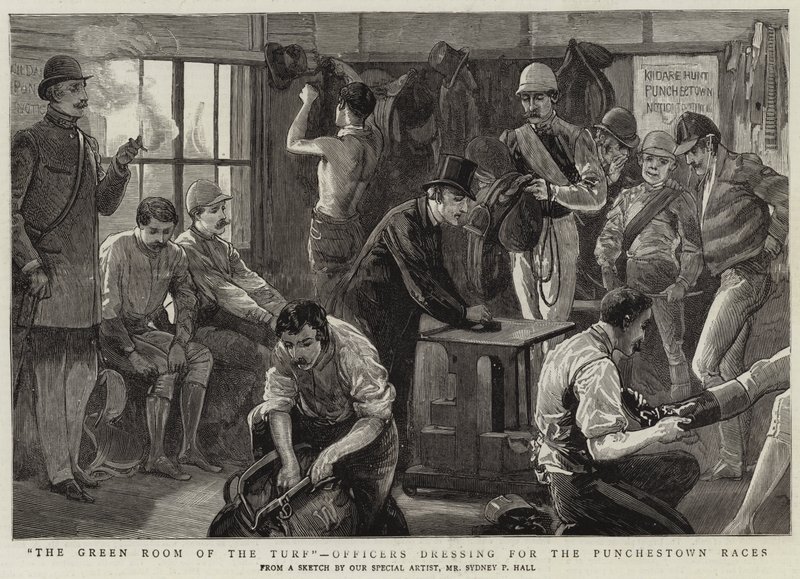 Çimin Yeşil Odası, Punchestown Yarışları için giyinen Subaylar by Sydney Prior Hall
