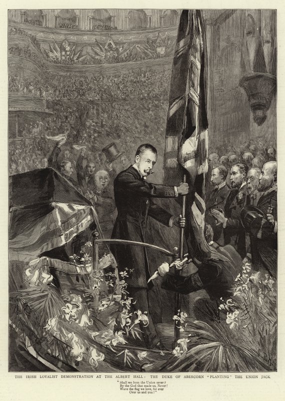 Albert Hall'daki İrlandalı Sadık Gösterisi, Abercorn Dükü Union Jack'i Dikiyor by Sydney Prior Hall