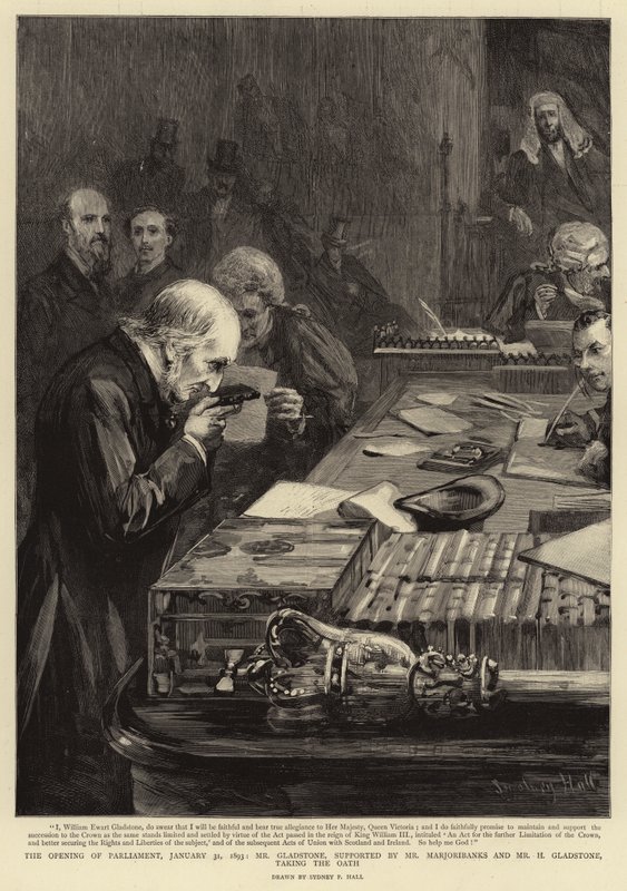 Parlamentonun Açılışı, 31 Ocak 1893, Bay Gladstone, Bay Marjoribanks ve Bay H Gladstone tarafından desteklenirken, Yemin ediyor by Sydney Prior Hall