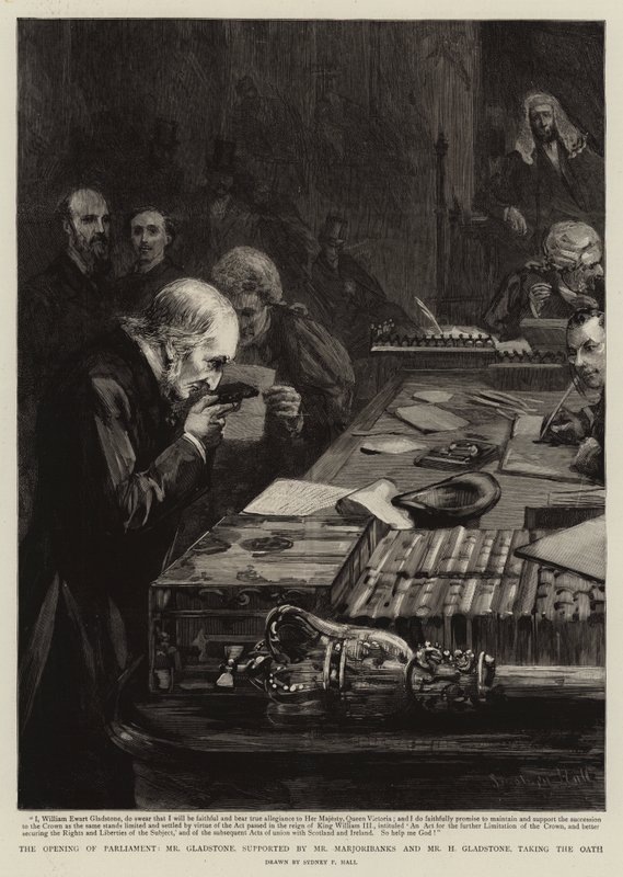 Parlamentonun Açılışı, Bay Gladstone, Bay Marjoribanks ve Bay H Gladstone tarafından destekleniyor, Yemin Ediyor by Sydney Prior Hall