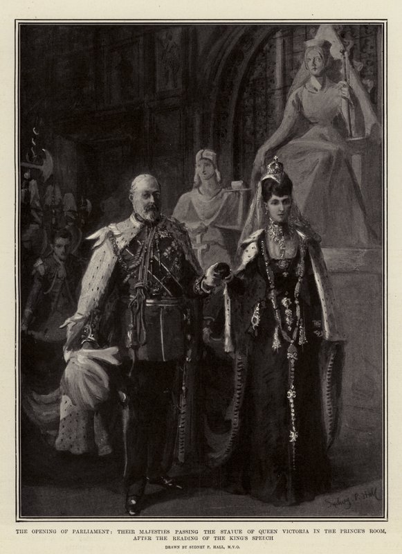 Parlamentonun Açılışı, Majesteleri Kralın Konuşmasının Okunmasından Sonra Prens Odasında Kraliçe Victoria Heykeli'nden Geçiyor by Sydney Prior Hall